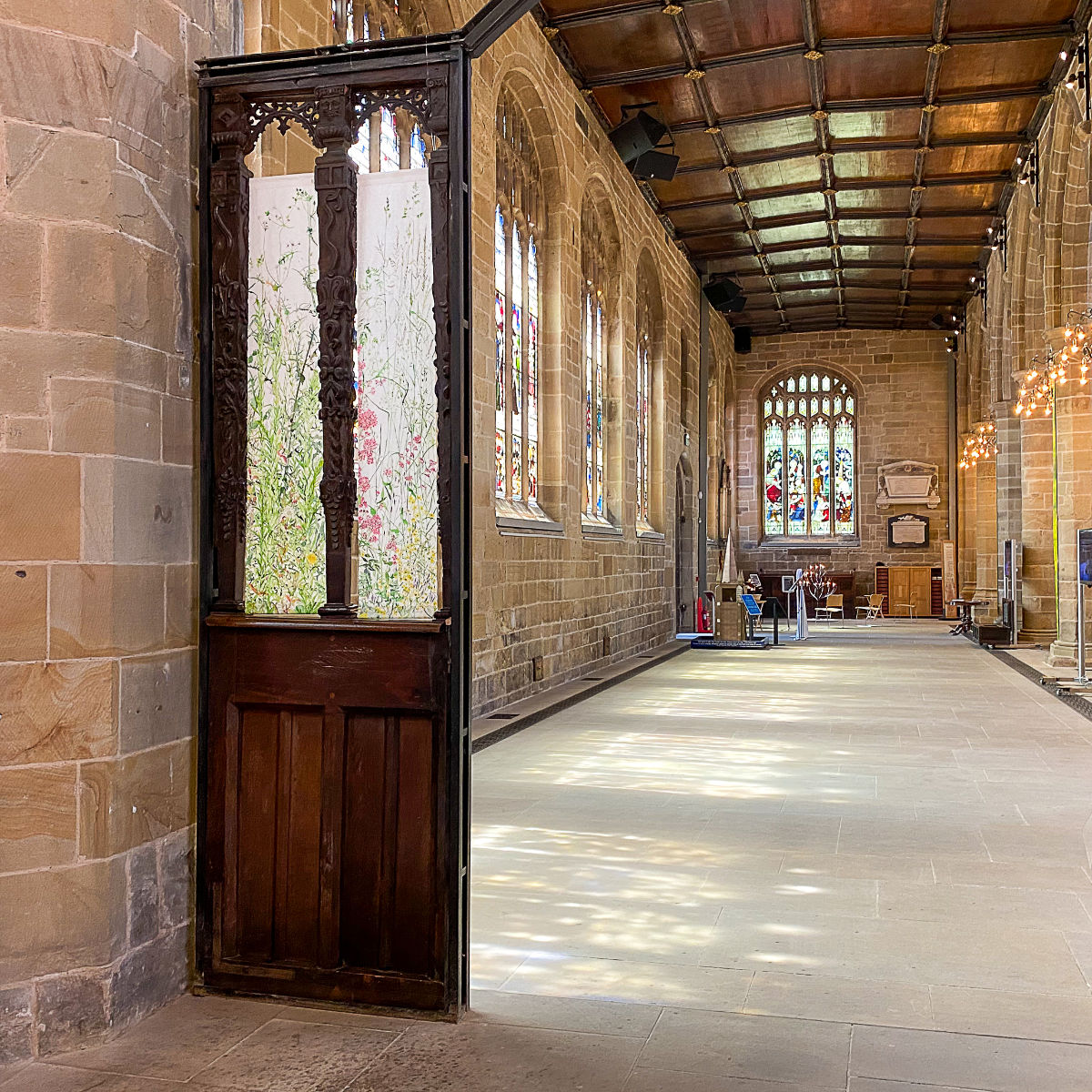 Two paintings by Helen Thomas in the wooden screen, south aisle, wakefield Cathedral